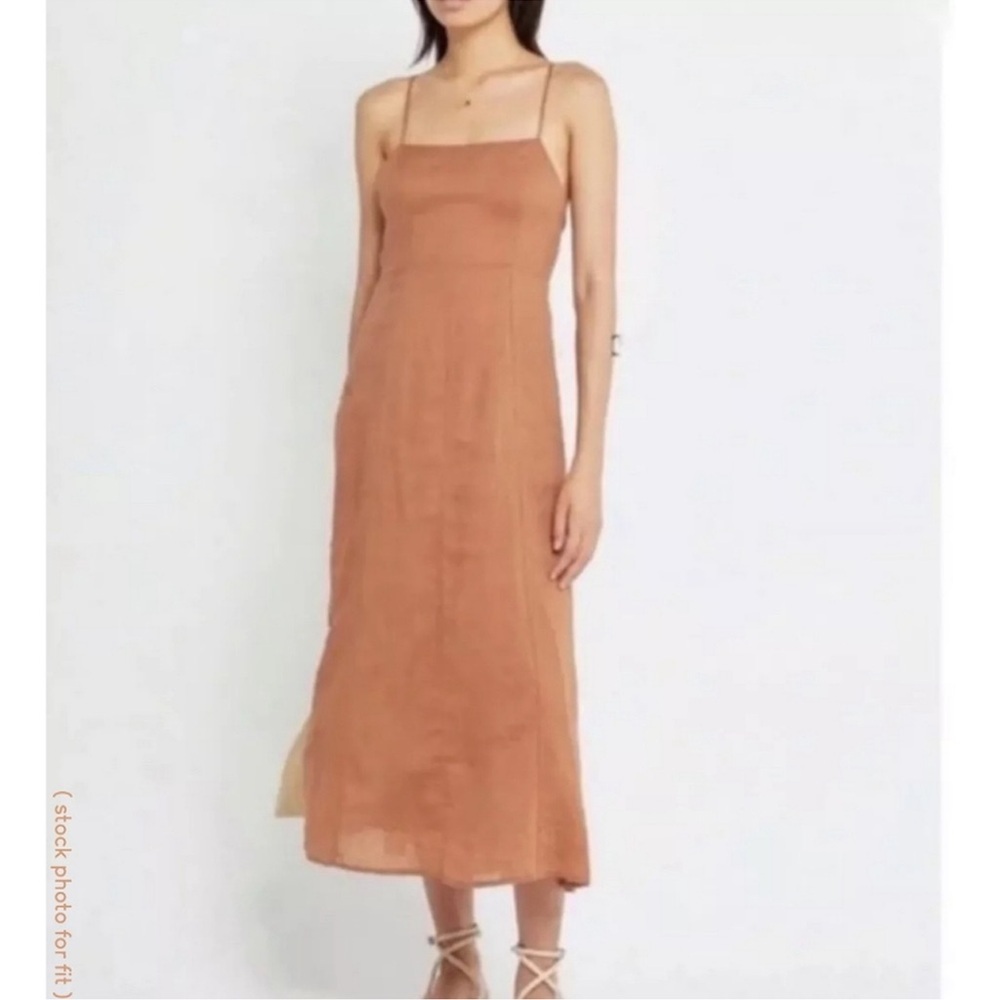 O.p.t Brown Linen Dress Flax Blend Square Neck Tie Back Midi Womens XS